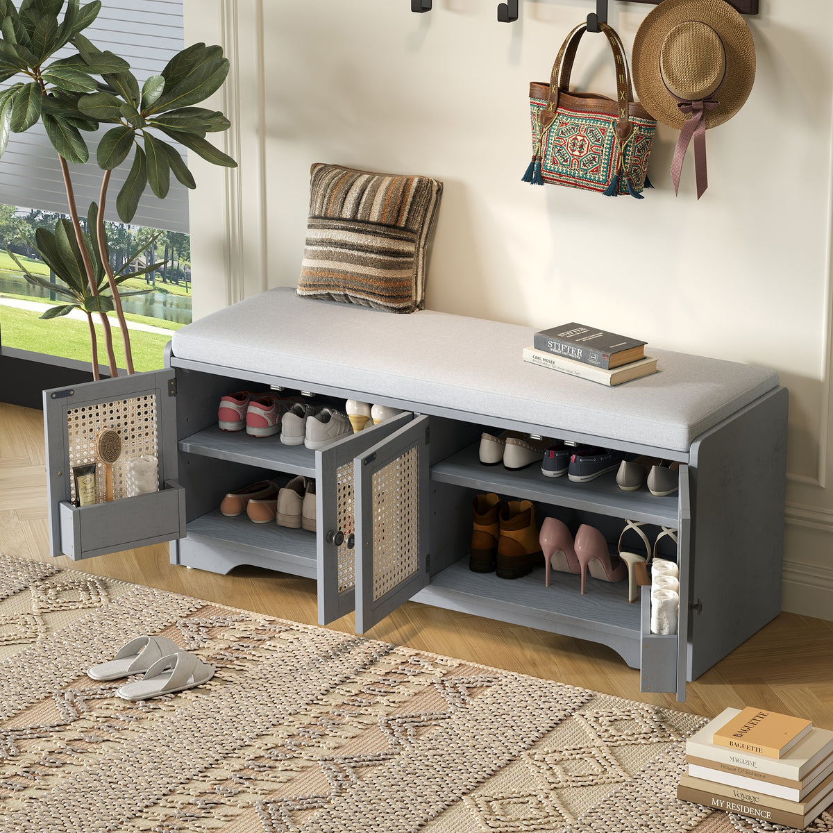 TREXM Rustic Storage Bench Multifunctional Wood Entryway Shoe Bench with Removable Cushion, Woven Rattan Doors & Adjustable Shelves for Hallway, Living Room (Gray Wash+Beige )