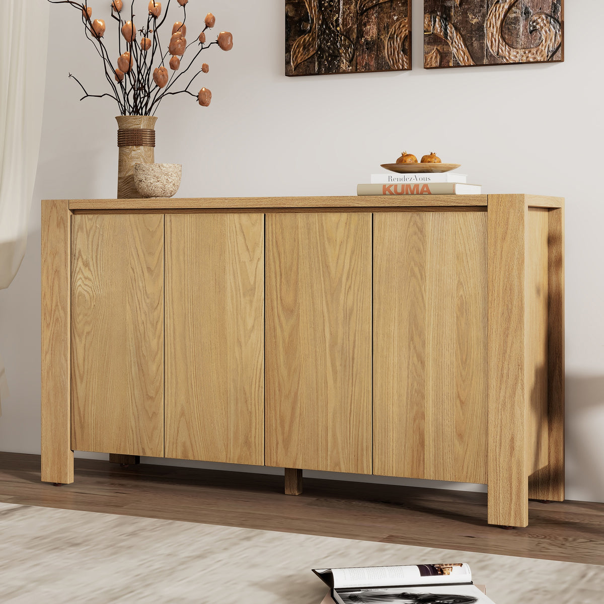 TREXM Buffet Cabinet with Storage, 4-Door Retro Wood Sideboard with Distressed Finish and Adjustable Shelves for Dining Room, Kitchen, and Living Room (Natural)