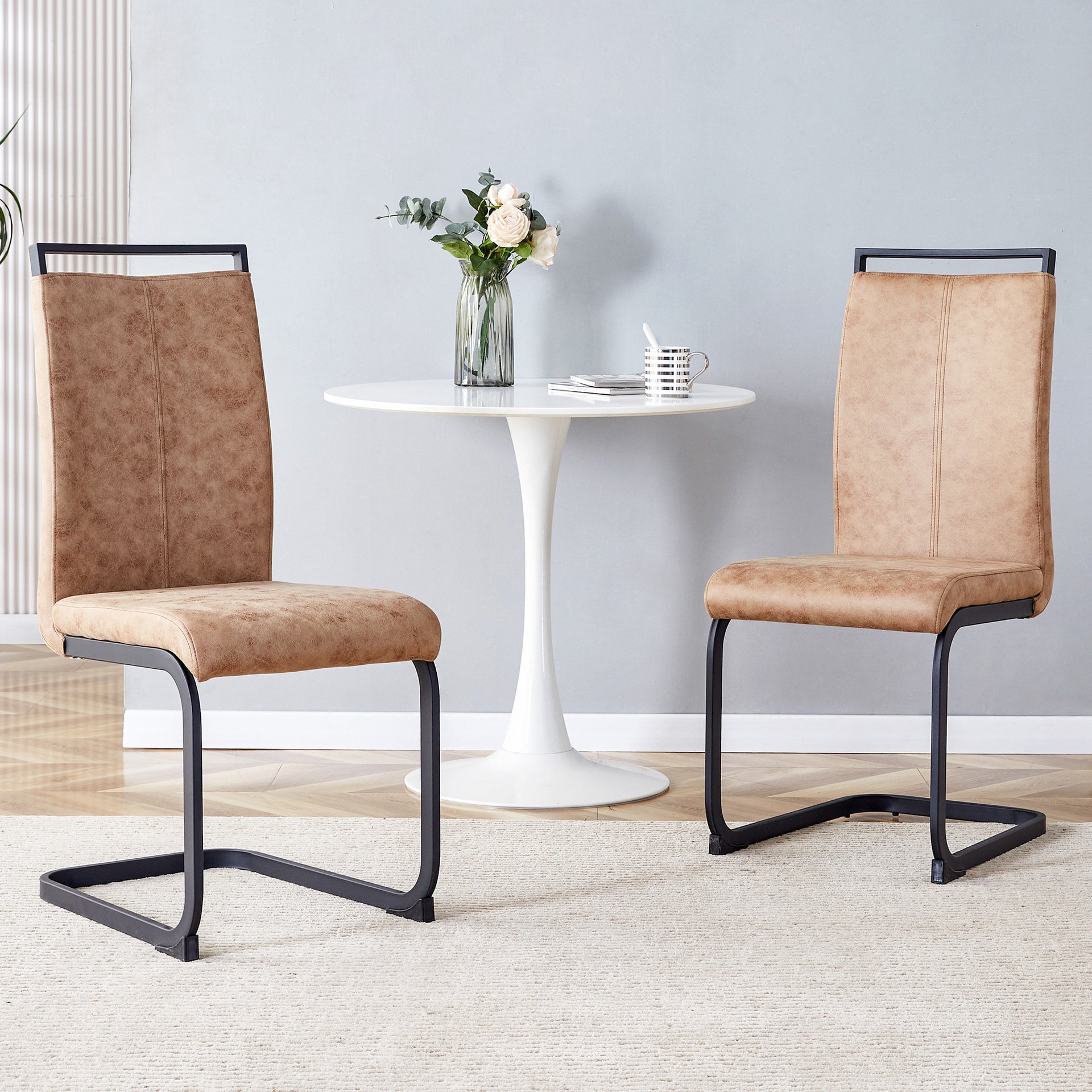 Dining Chairs,tech cloth High Back Upholstered Side Chair with C-shaped Tube Black Metal Legs for Dining Room Kitchen Vanity Patio Club Guest Office chair (Set of 2) Brown1162