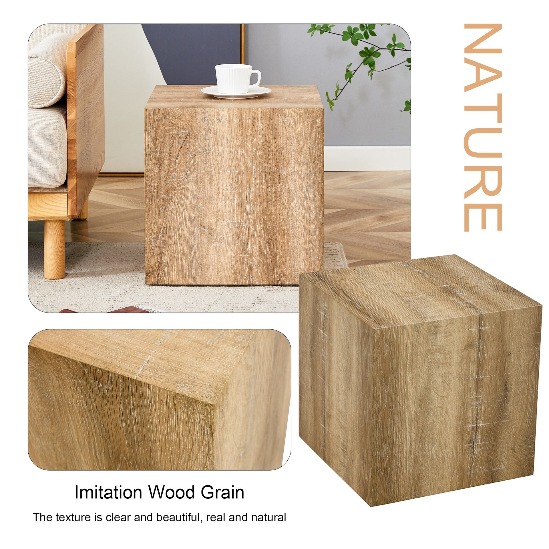 Elevate your living space with this square modern MDF coffee table that showcases smooth, light wood color texture patterns. It is characterized by stylish design.15.7*15.7*15.7