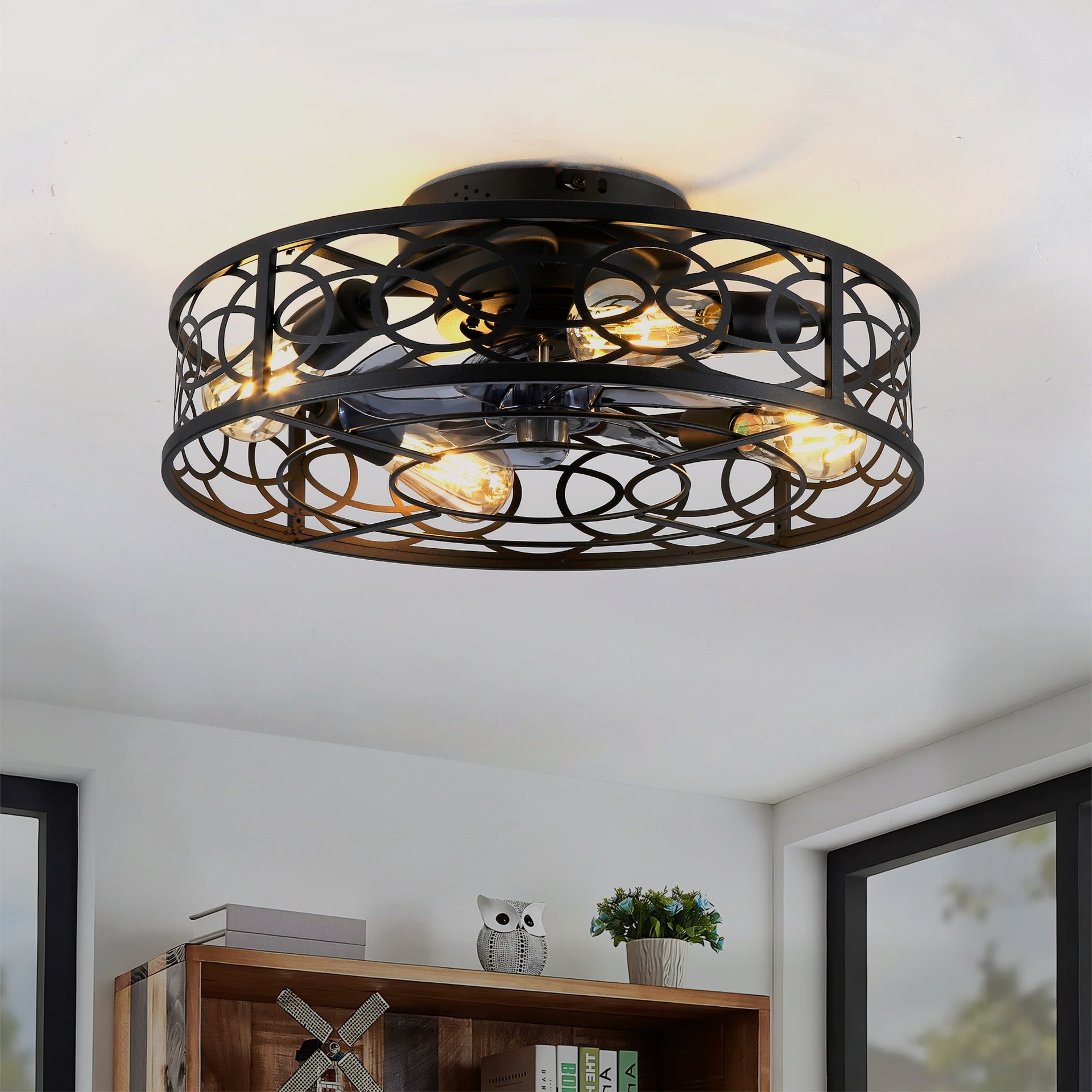 20" Caged Ceiling Fans with Lights and Remote, Bladeless Ceiling Fan 6 Speed Reversible with  Remote Control,Flush Mount Caged Ceiling Fan for Bedroom, Living Room--NOT Included Bulbs