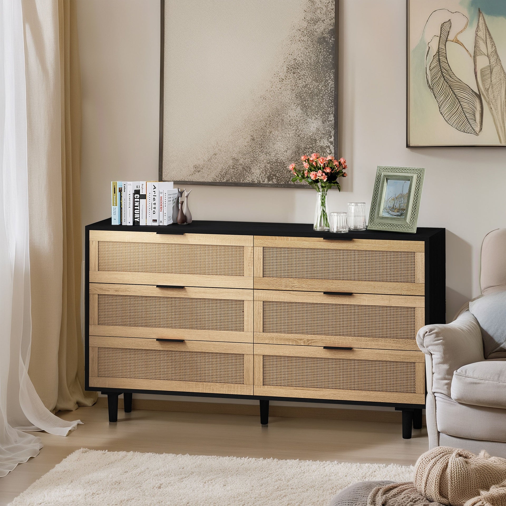 51.18"6-Drawers Rattan Storage Cabinet Rattan Drawer,for Bedroom,Living Room,Black (Same SKU:W757112779)