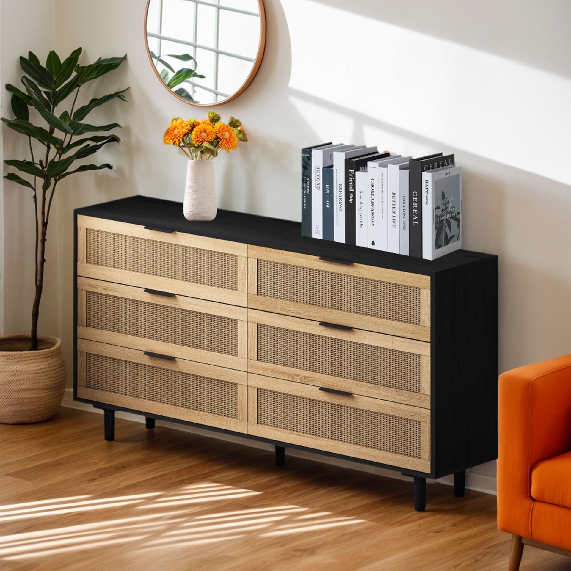 51.18"6-Drawers Rattan Storage Cabinet Rattan Drawer,for Bedroom,Living Room,Black (Same SKU:W757112779)