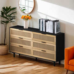 51.18"6-Drawers Rattan Storage Cabinet Rattan Drawer,for Bedroom,Living Room,Black (Same SKU:W757112779)