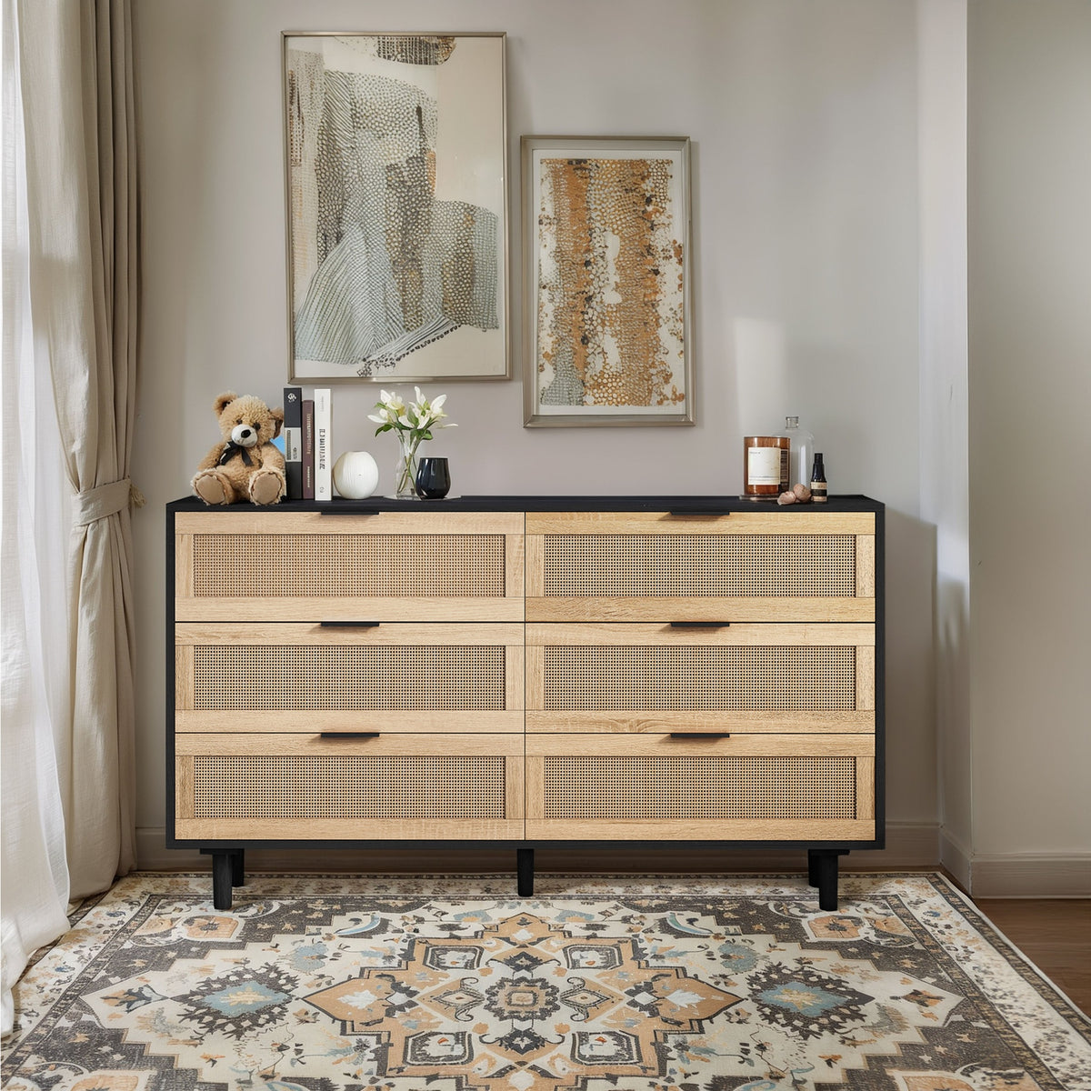 51.18"6-Drawers Rattan Storage Cabinet Rattan Drawer,for Bedroom,Living Room,Black (Same SKU:W757112779)