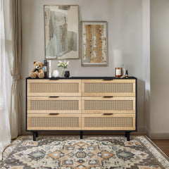 51.18"6-Drawers Rattan Storage Cabinet Rattan Drawer,for Bedroom,Living Room,Black (Same SKU:W757112779)