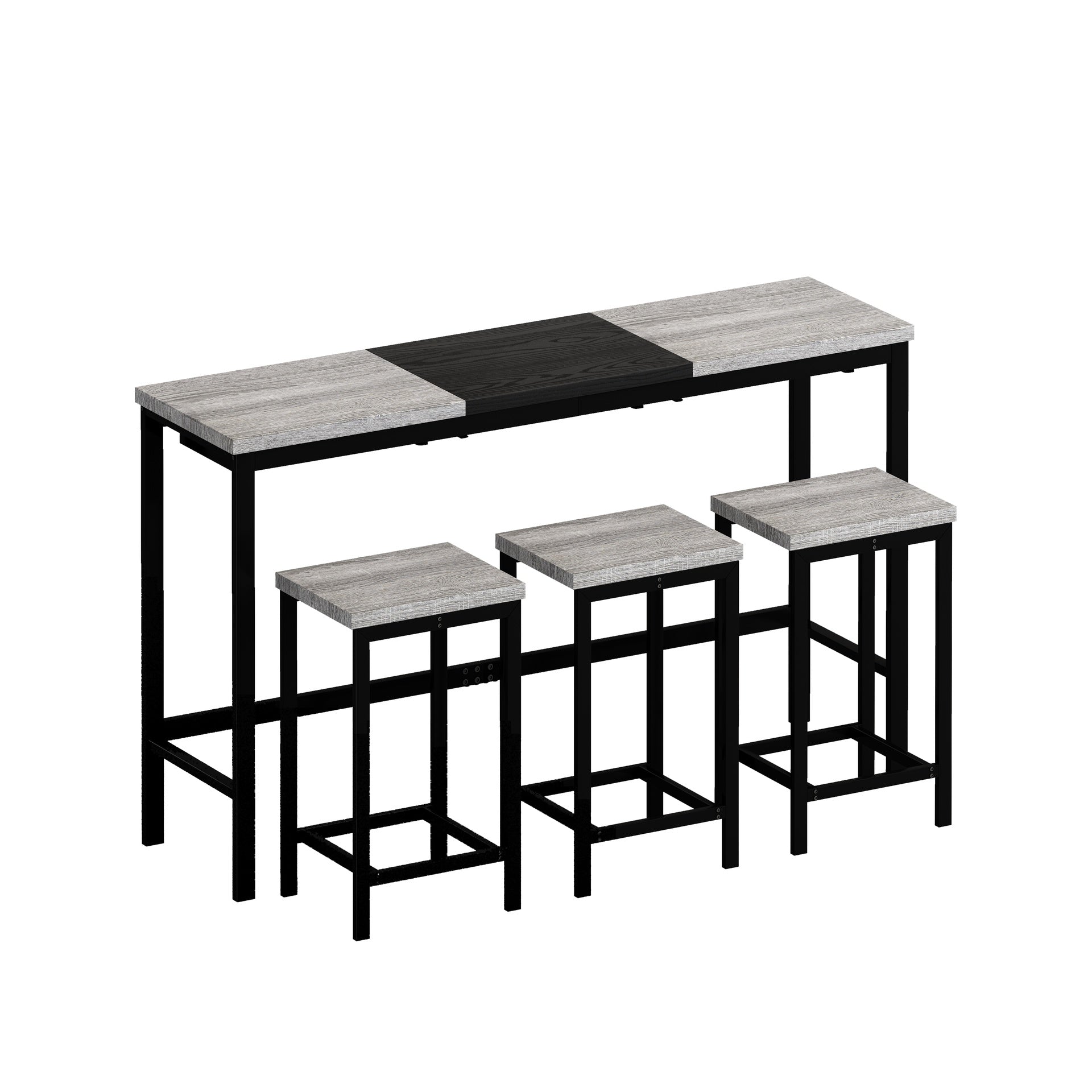 Modern Design Kitchen Dining Table, Pub Table, Long Dining Table Set with 3 Stools, Convenient Hanging Stool Design, Grey+Black(Same SKU:W757P146464)