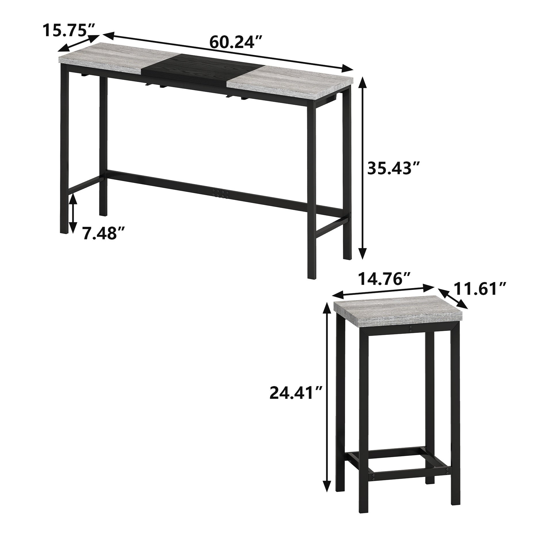 Modern Design Kitchen Dining Table, Pub Table, Long Dining Table Set with 3 Stools, Convenient Hanging Stool Design, Grey+Black(Same SKU:W757P146464)