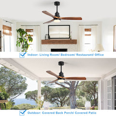 52 Inch Indoor Ceiling Fan With Dimmable Led Light 3 Solid Wood Blades Remote Control Reversible DC Motor Black For Living Room
