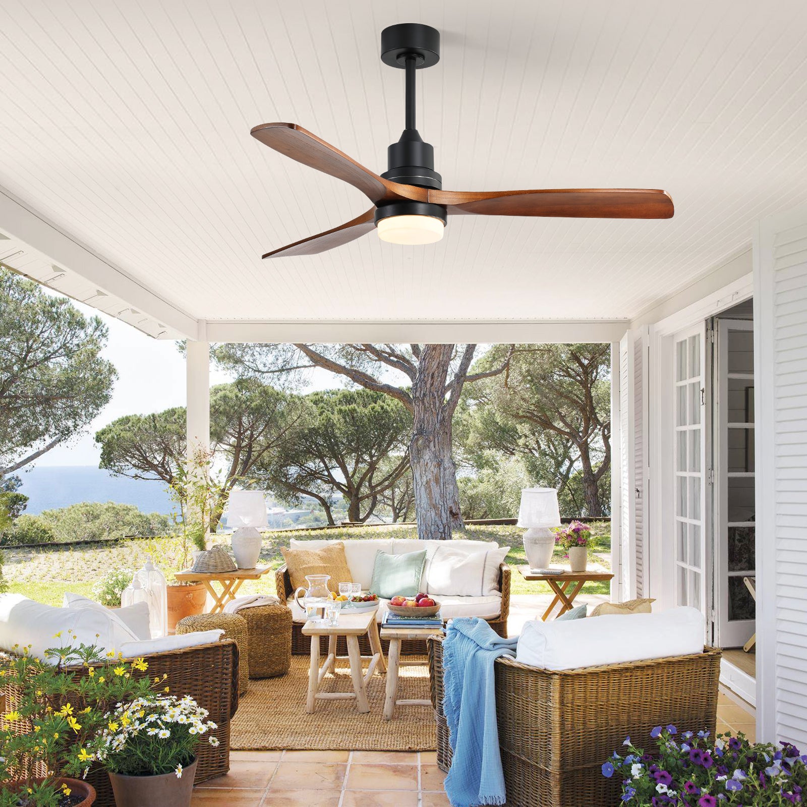 52 Inch Indoor Ceiling Fan With Dimmable Led Light 3 Solid Wood Blades Remote Control Reversible DC Motor Black For Living Room