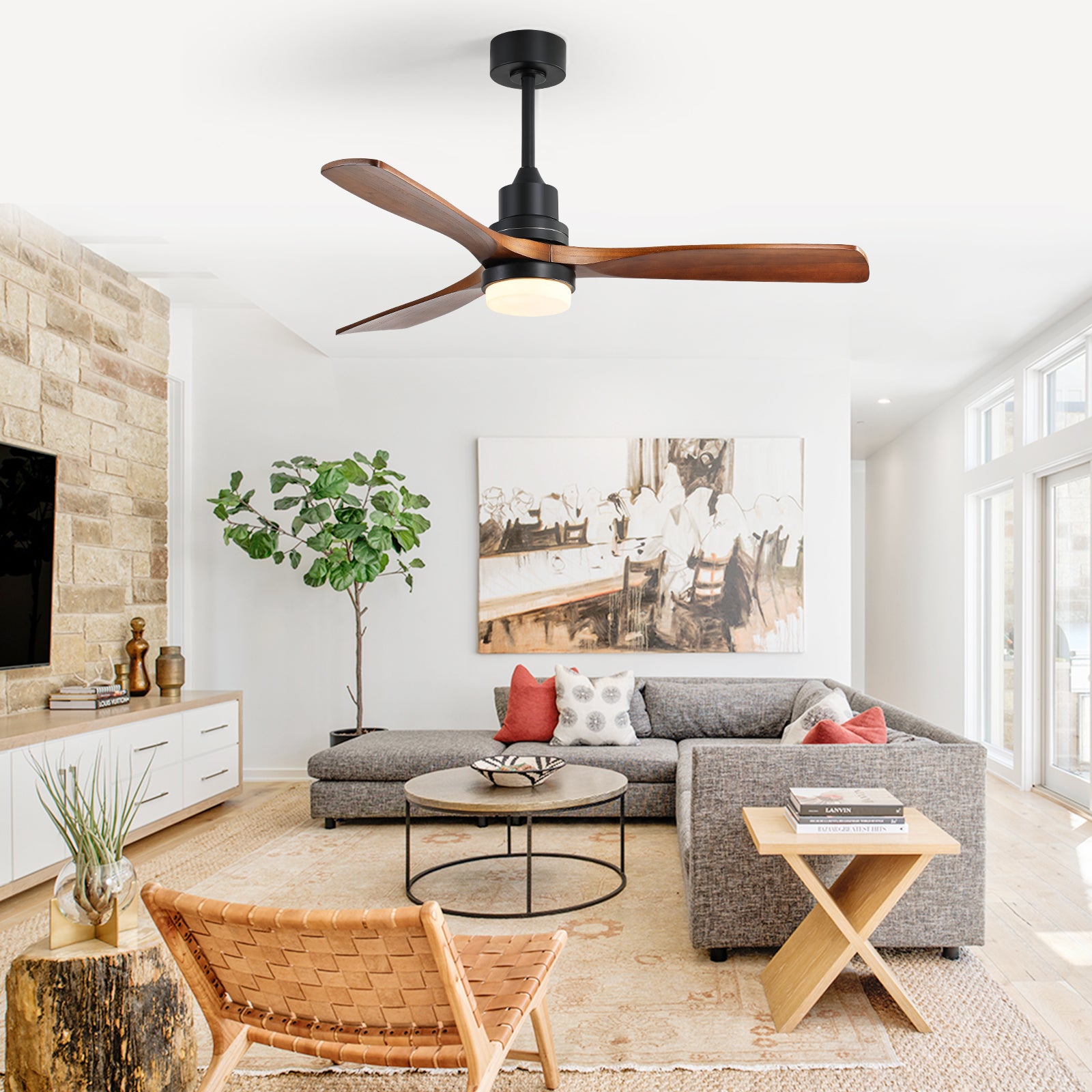 52 Inch Indoor Ceiling Fan With Dimmable Led Light 3 Solid Wood Blades Remote Control Reversible DC Motor Black For Living Room