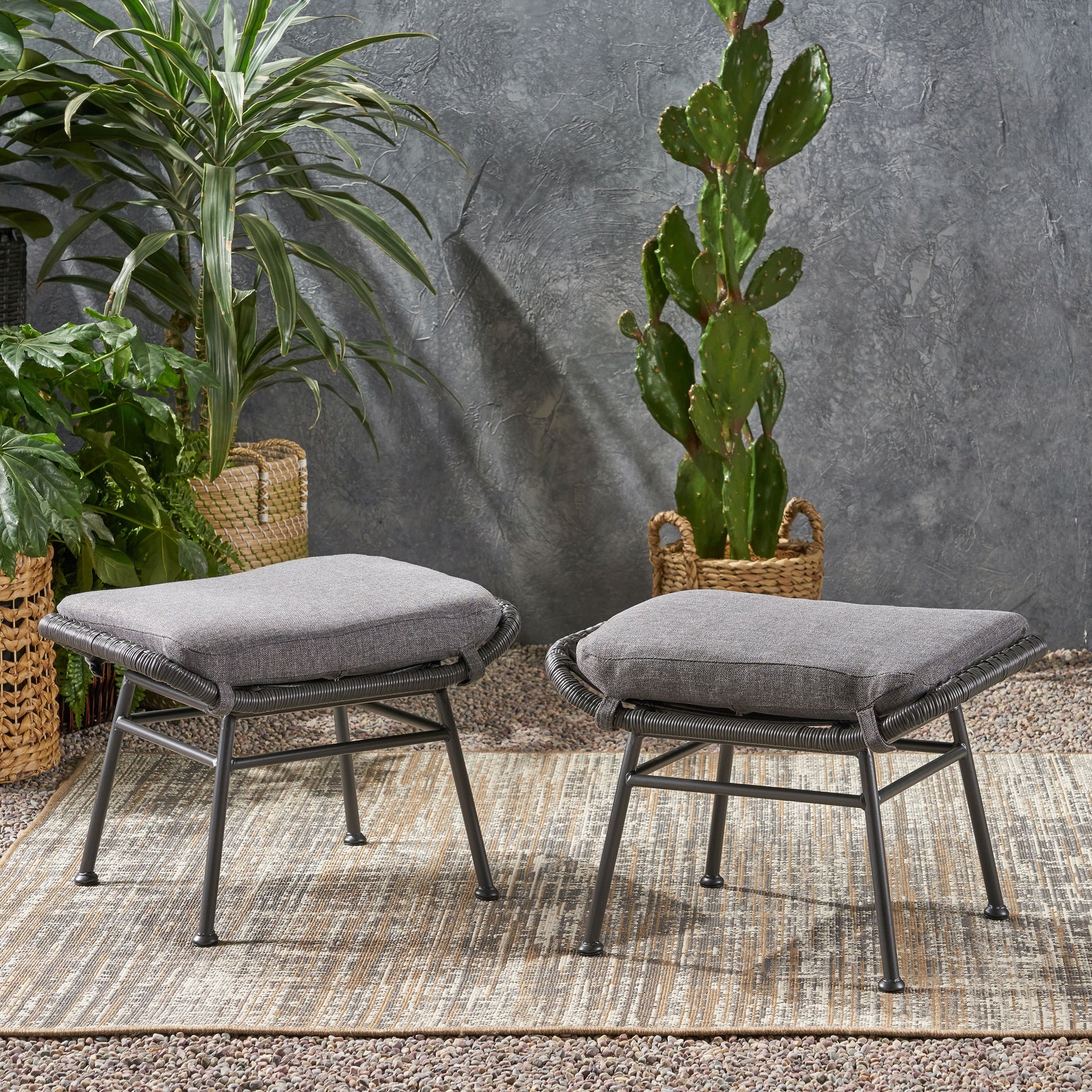 Montana Faux Rattan Outdoor Patio Ottoman with Cushion (Set of 2)