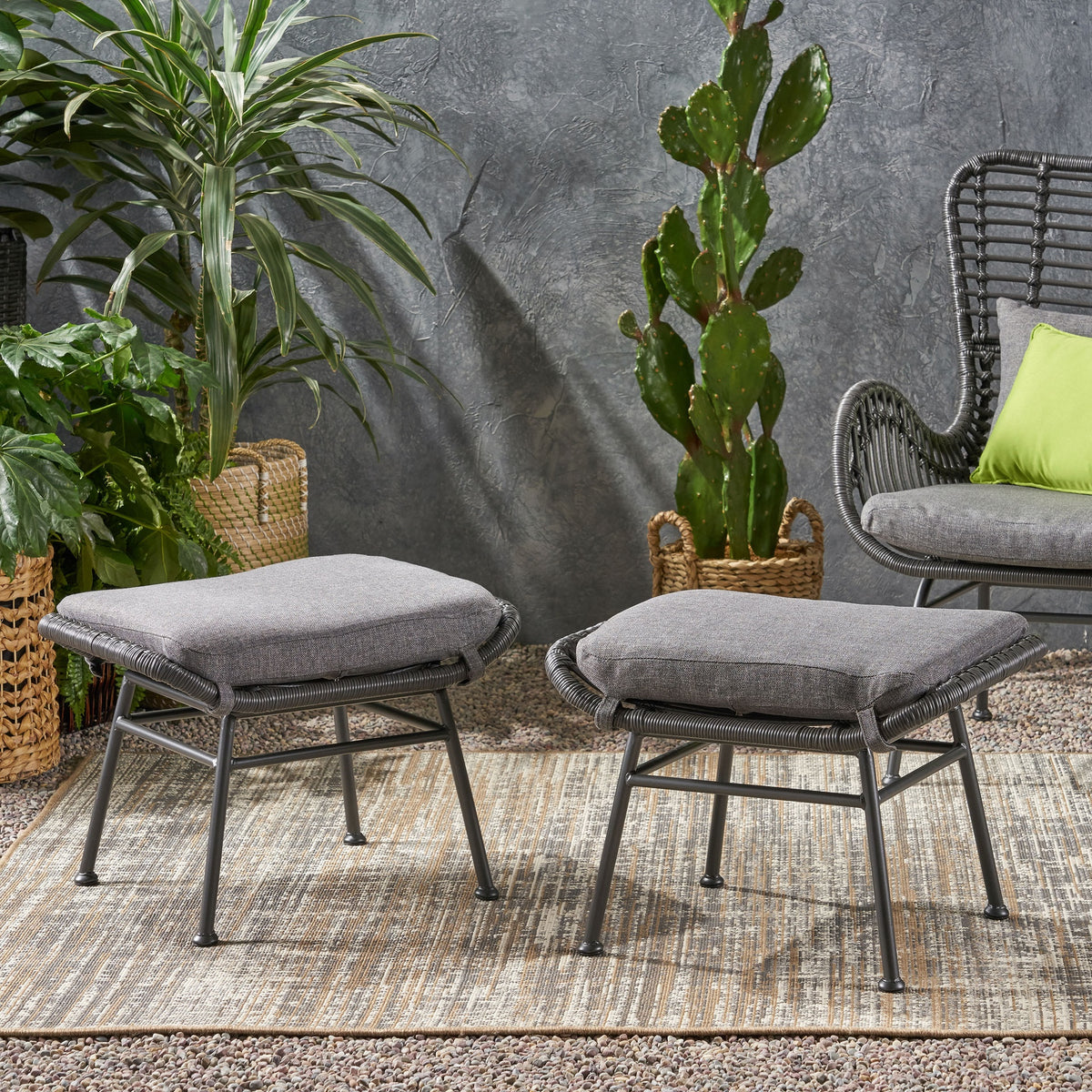 Montana Faux Rattan Outdoor Patio Ottoman with Cushion (Set of 2)
