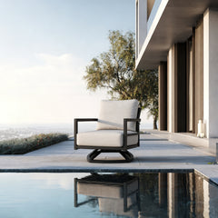 Modern Outdoor Fully Weld Swivel Lounge Chair–Premium Aluminum Frame in Ember Black,Ergonomic Backrest,Boat-Shaped Base Design,Smooth 360°Rotation & Outdoor-Grade Sunbrella Cushion,Weather-Resistant