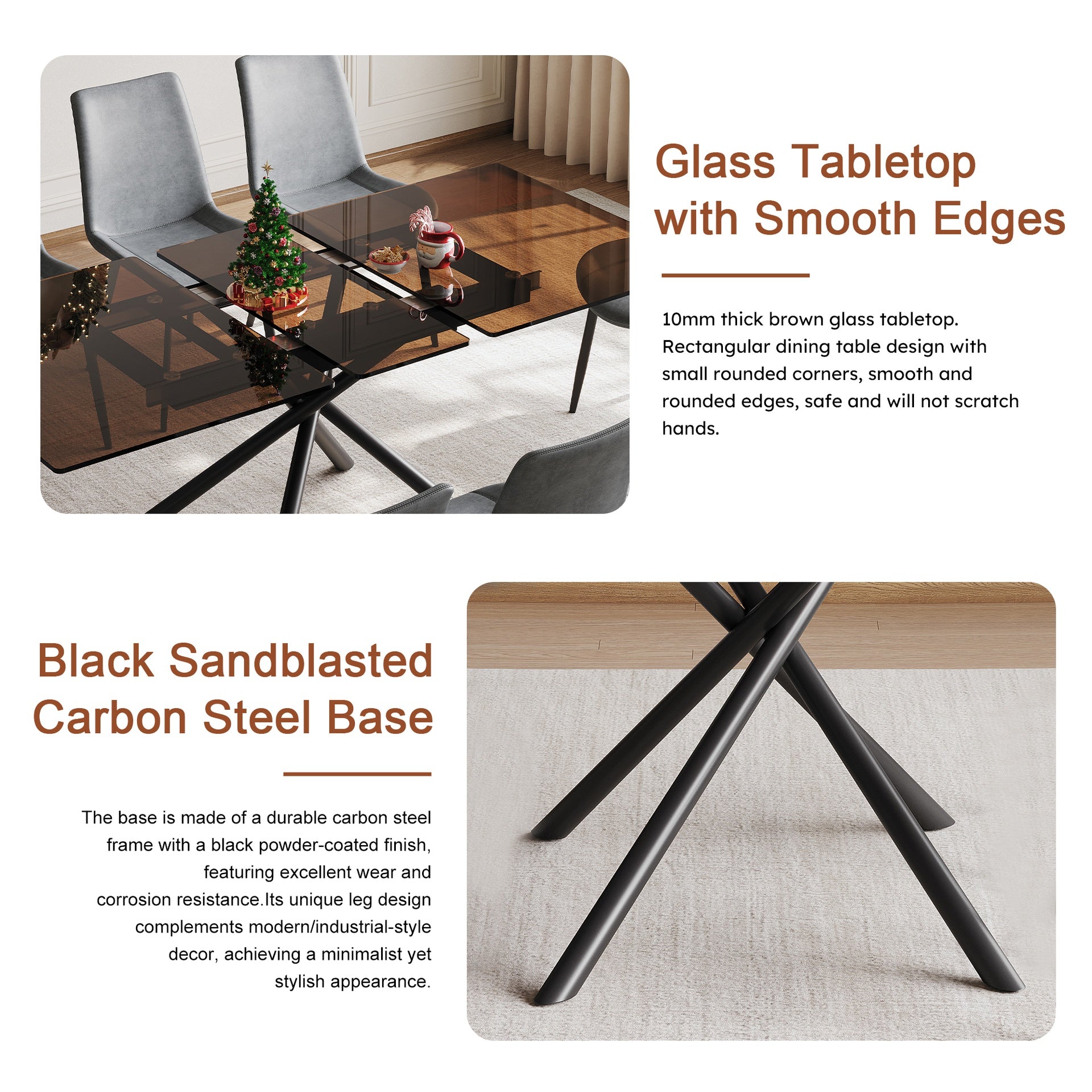 59-inch Expandable Dining Table Set with 8 Gray Ergonomic Chairs, Black Sandblasted Glass Top & X-Base, 4-6 Seater Modern Dining Set for Small Spaces, Kitchen and Apartment