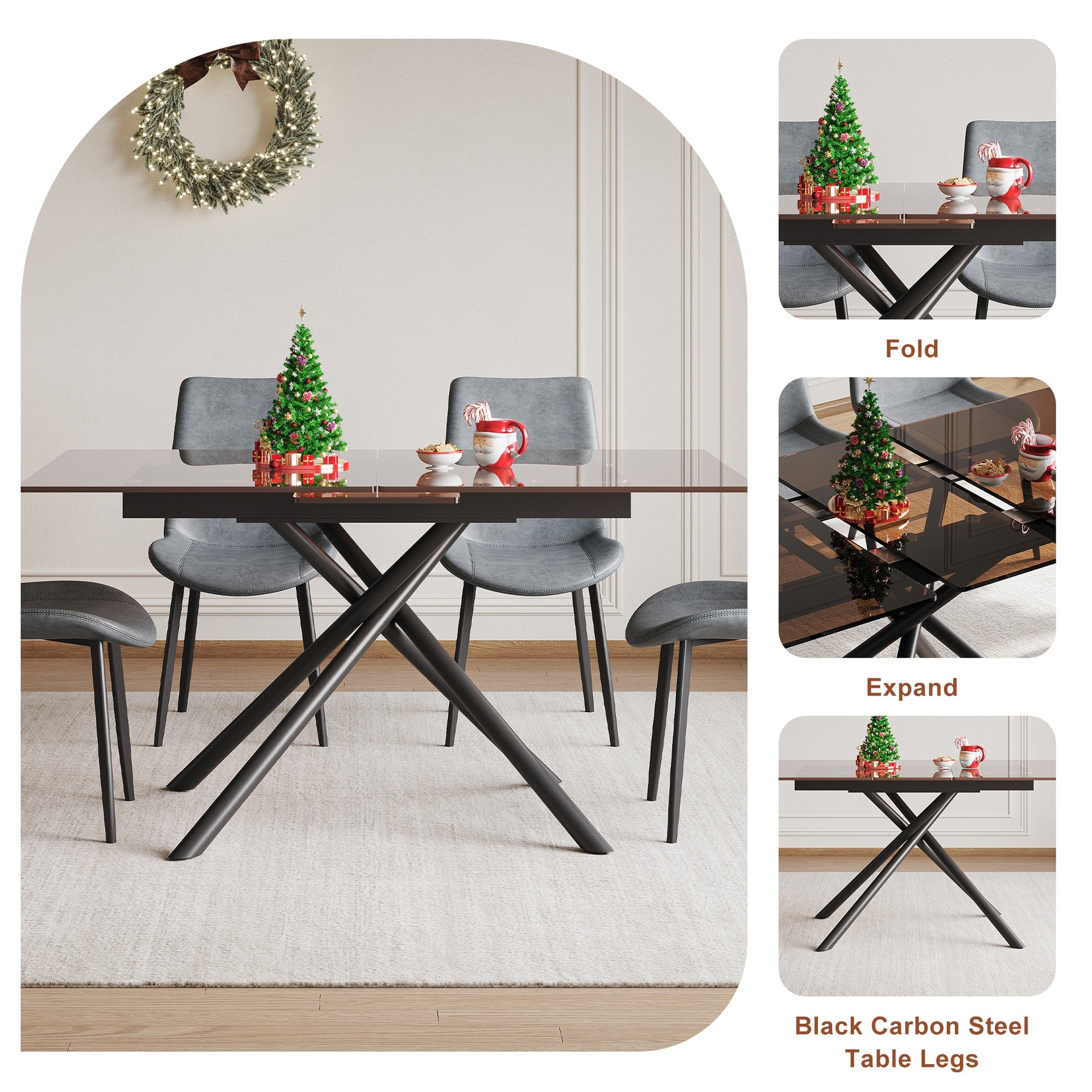 59-inch Expandable Dining Table Set with 8 Gray Ergonomic Chairs, Black Sandblasted Glass Top & X-Base, 4-6 Seater Modern Dining Set for Small Spaces, Kitchen and Apartment