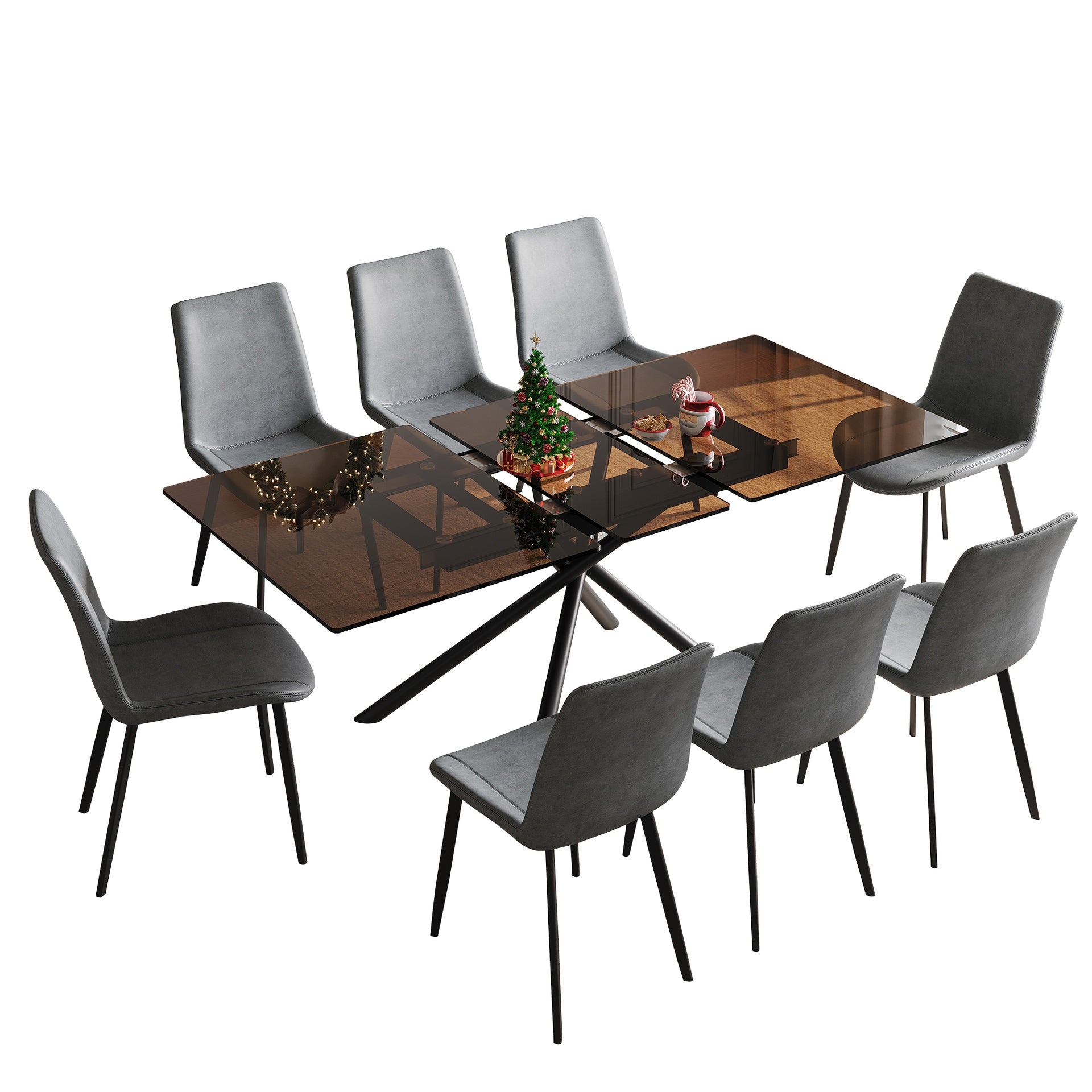 59-inch Expandable Dining Table Set with 8 Gray Ergonomic Chairs, Black Sandblasted Glass Top & X-Base, 4-6 Seater Modern Dining Set for Small Spaces, Kitchen and Apartment