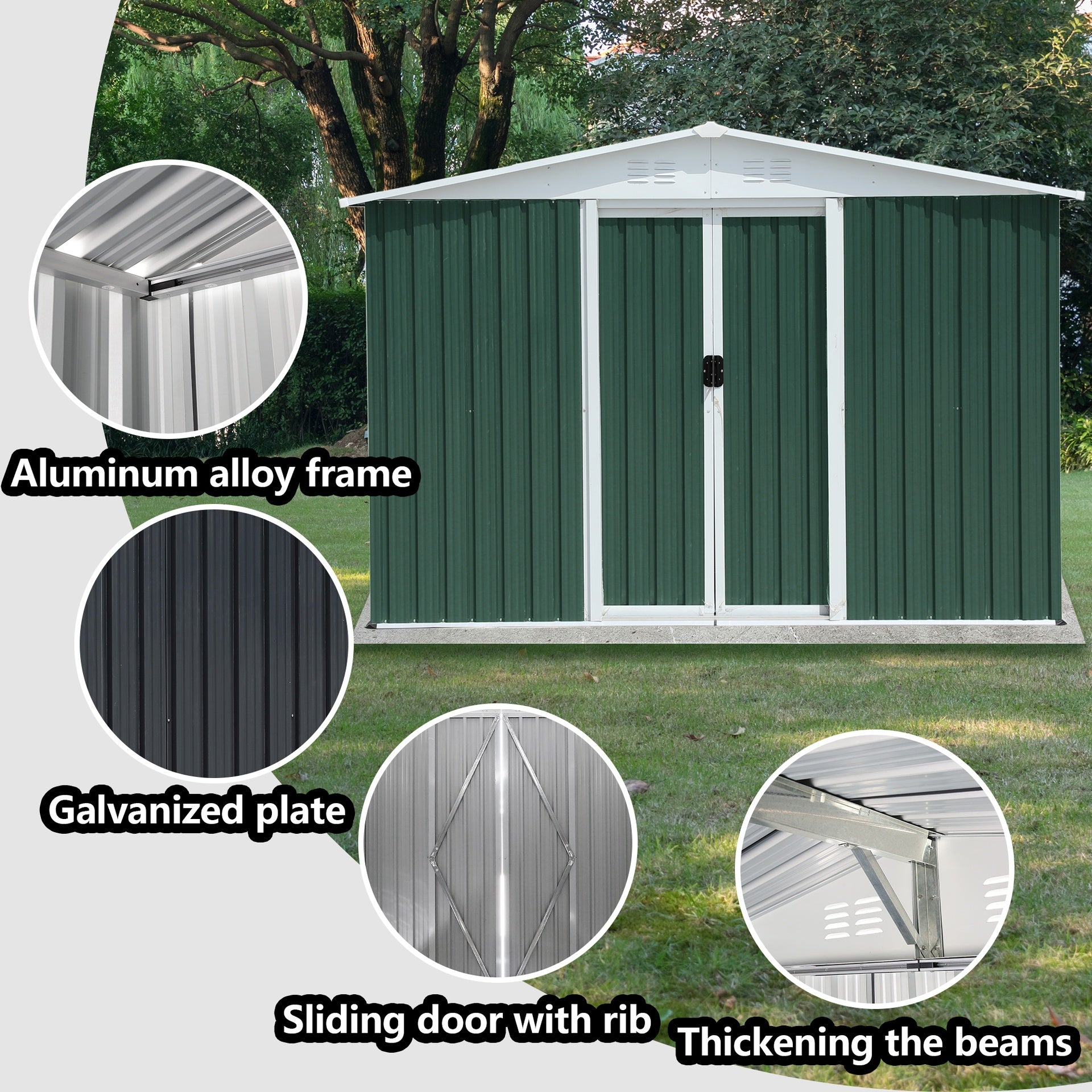 8x6 Feet Outdoor Storage Garden Shed Apex Roof Green With Aluminum alloy frame and sliding door