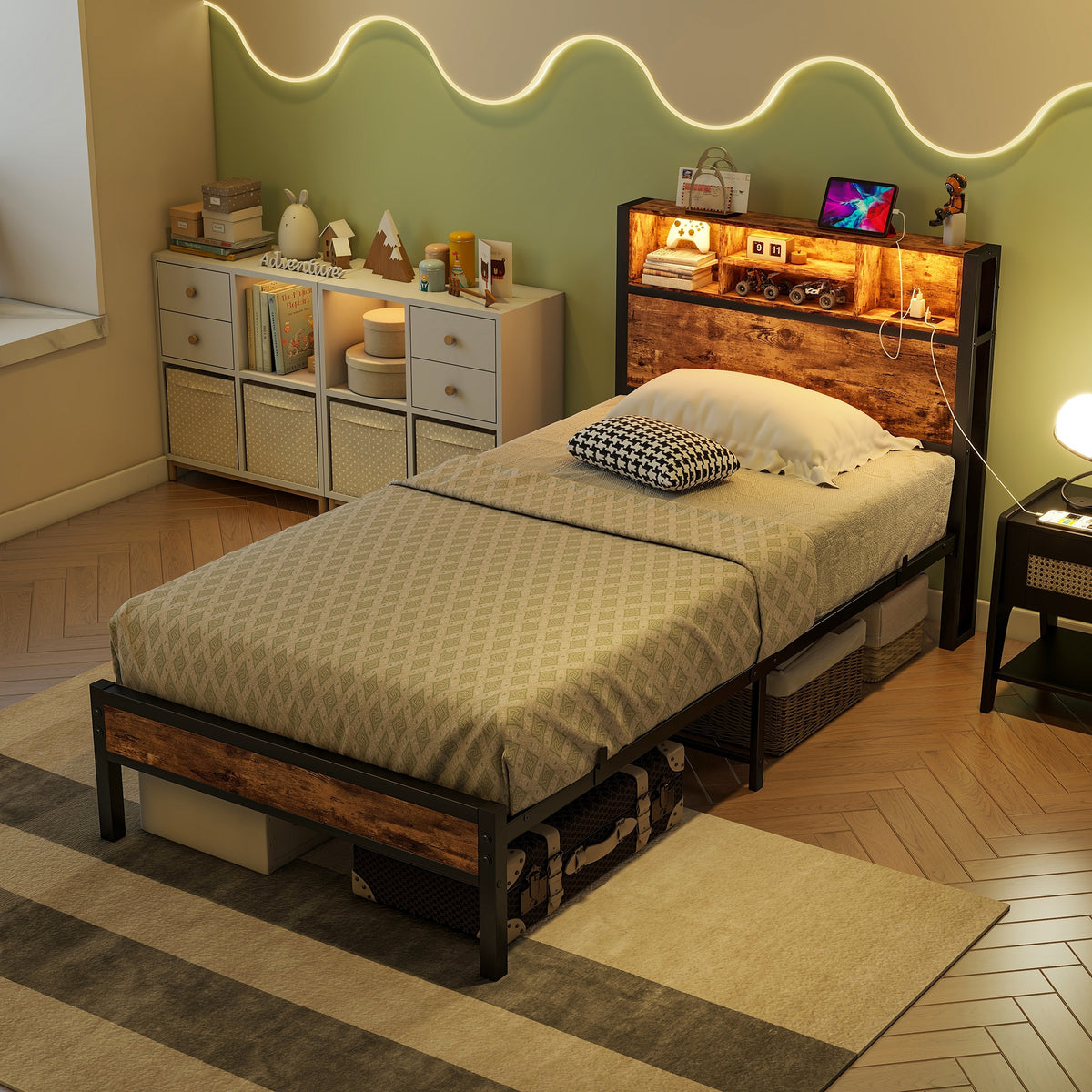 Twin Size Bed Frame with Storage Headboard, Metal Platform Bed with Charging Station, Bookcase Storage, Easy Assembly