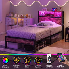 Twin Size Bed Frame with Storage Headboard, Metal Platform Bed with Charging Station, Bookcase Storage, Easy Assembly
