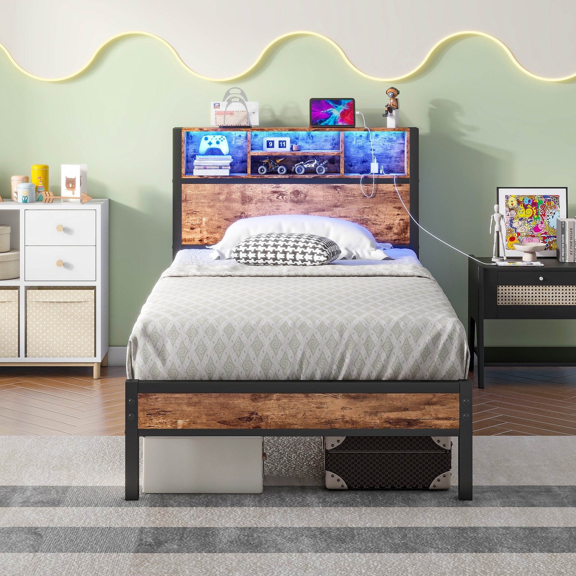 Twin Size Bed Frame with Storage Headboard, Metal Platform Bed with Charging Station, Bookcase Storage, Easy Assembly