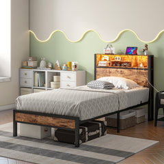 Twin Size Bed Frame with Storage Headboard, Metal Platform Bed with Charging Station, Bookcase Storage, Easy Assembly