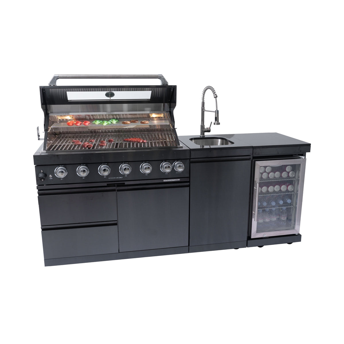 43-Inch 6-Burner 85000 BTU Deluxe Stainless Steel Gas Outdoor Kitchen Bar Barbecue Island Grill + Wine Cooler Compact Refrigerator + Rotisserie kit + Granite Countertops + Stainless steel Sink