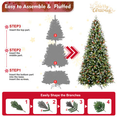 8FT Christmas Tree with 600 Warm White LED Lights – 2850 Snow-Tipped PE+PVC Branches, Red Berries & Pine Cones, Hinged Design, Stable Metal Stand – Realistic Holiday Decoration