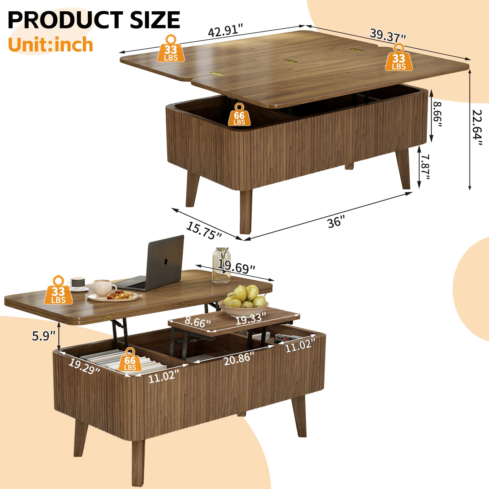 3 in 1 Lift Top Coffee Table, Fluted Convertible Coffee Tables Converts to Dining Tables, Modern Oval Wooden Center Table with Storage for Living Room Office Small Space (Walnut)
