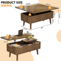 3 in 1 Lift Top Coffee Table, Fluted Convertible Coffee Tables Converts to Dining Tables, Modern Oval Wooden Center Table with Storage for Living Room Office Small Space (Walnut)