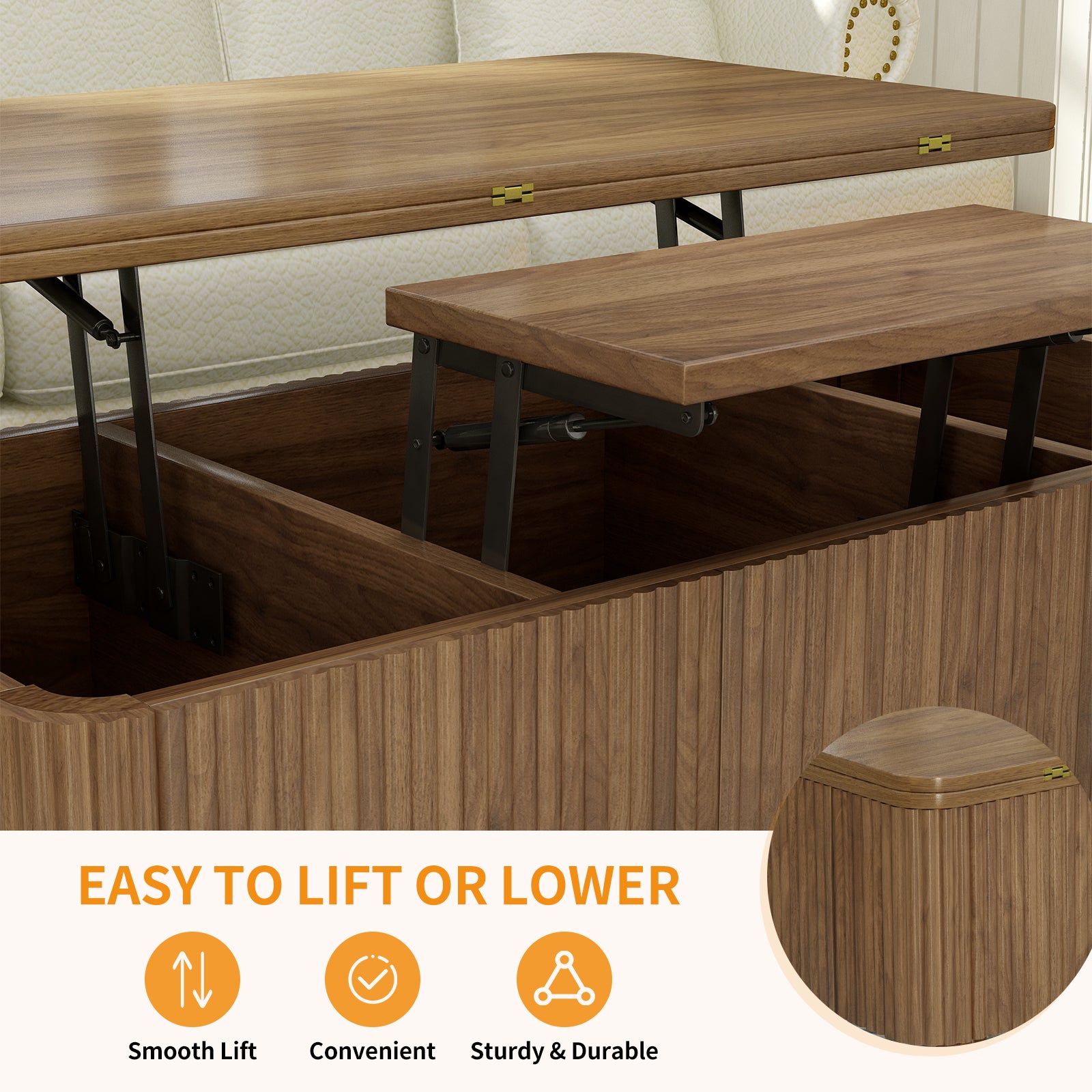 3 in 1 Lift Top Coffee Table, Fluted Convertible Coffee Tables Converts to Dining Tables, Modern Oval Wooden Center Table with Storage for Living Room Office Small Space (Walnut)