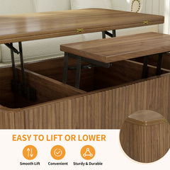 3 in 1 Lift Top Coffee Table, Fluted Convertible Coffee Tables Converts to Dining Tables, Modern Oval Wooden Center Table with Storage for Living Room Office Small Space (Walnut)