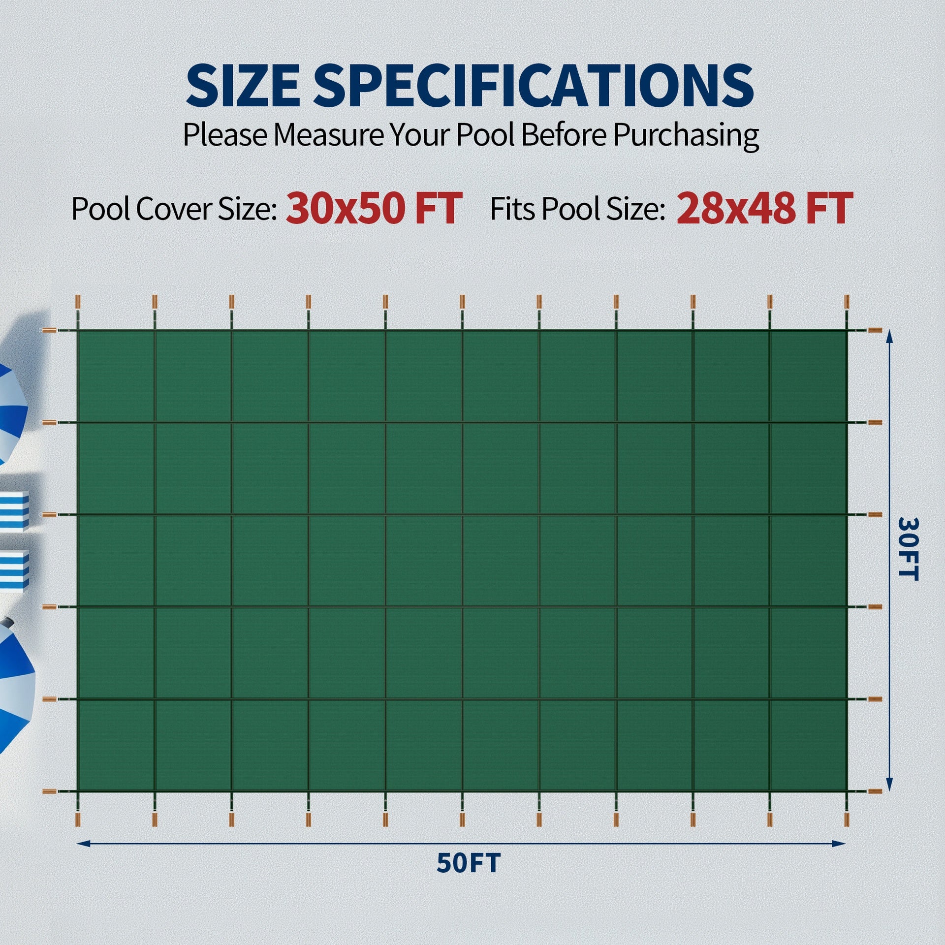 Swimming Pool Safety Cover, Fits 30x50ft Rectangular underground and Inground Swimming Pools, Triple Stitched High Strength Mesh PP Abrasion Resistant  Installation Hardware Included,Green Mesh