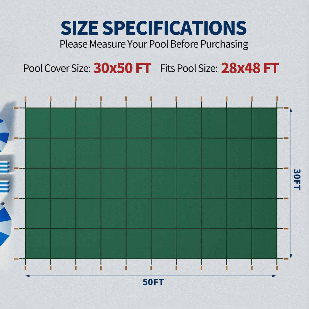 Swimming Pool Safety Cover, Fits 30x50ft Rectangular underground and Inground Swimming Pools, Triple Stitched High Strength Mesh PP Abrasion Resistant  Installation Hardware Included,Green Mesh