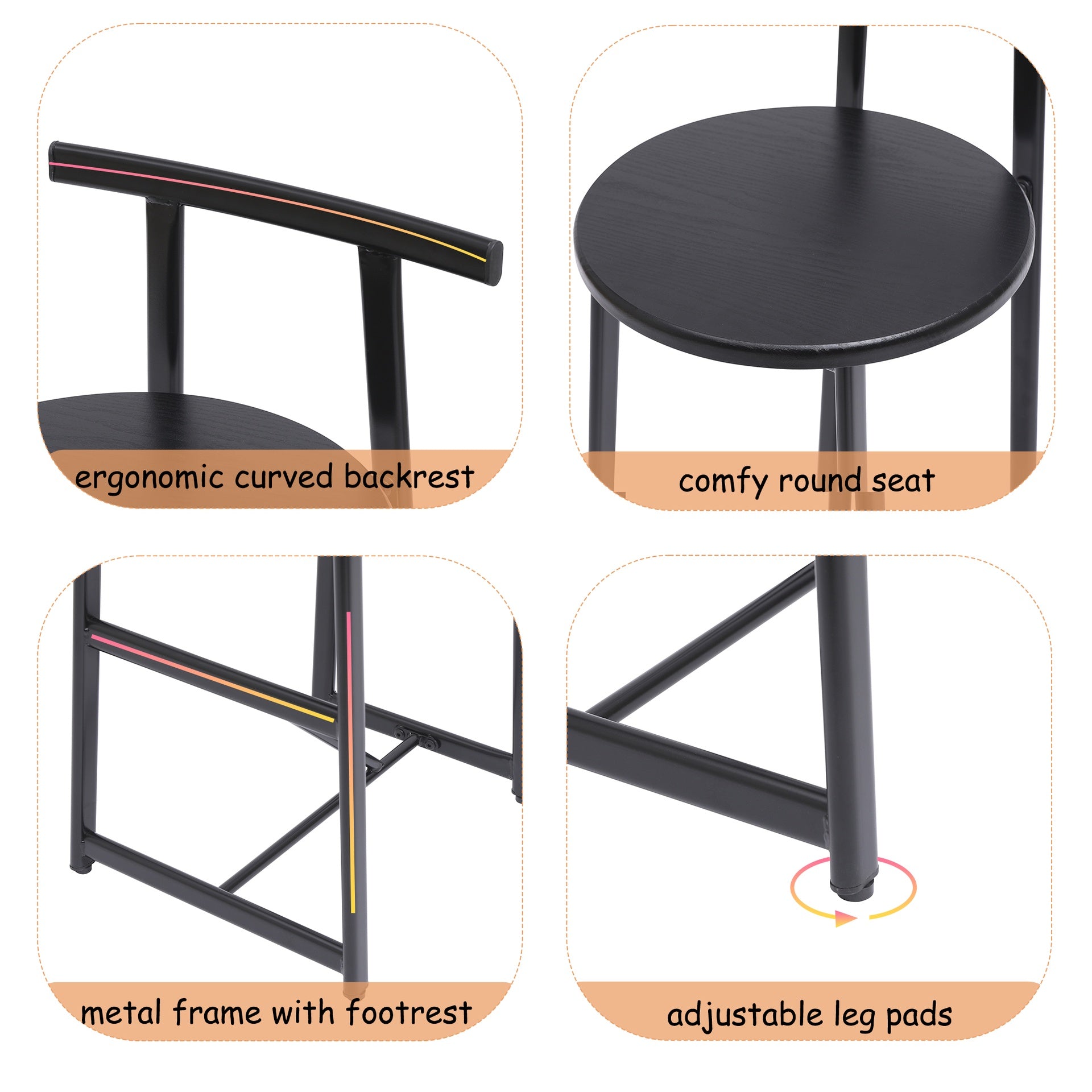 27''H Barstool Set of 3 Wooden Round Bar Stools with Footrest Modern Kitchen Chairs for Counter (Black & Black)