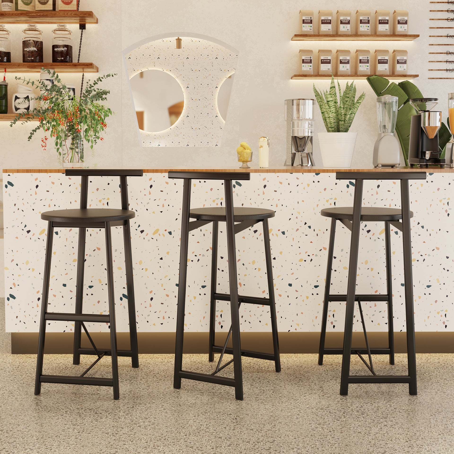 27''H Barstool Set of 3 Wooden Round Bar Stools with Footrest Modern Kitchen Chairs for Counter (Black & Black)