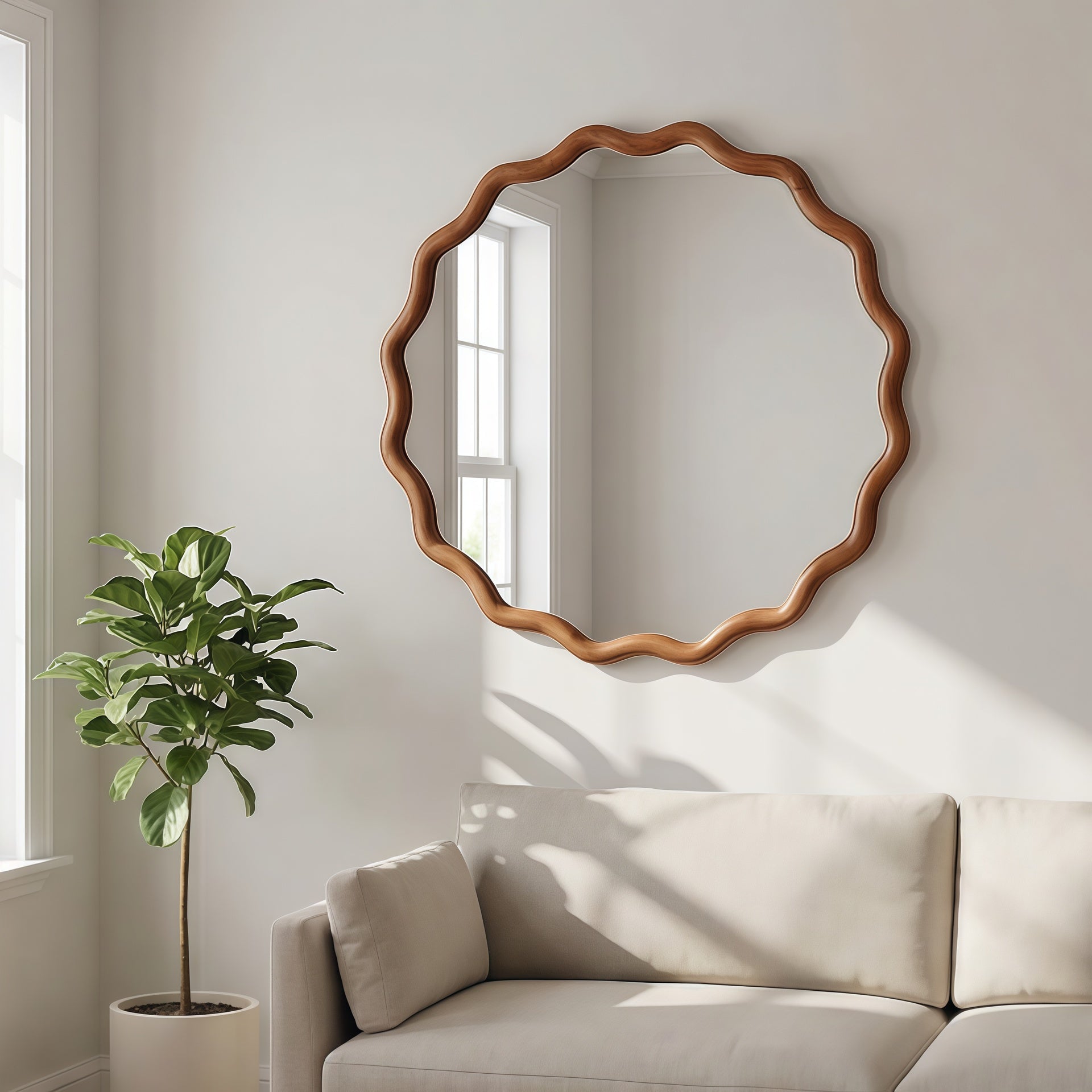 Yellowish Brown 24 inch Wavy Round Solid Wood Frame Decorative Mirror,For Bedroom, Bathroom, Living Room, Entryway