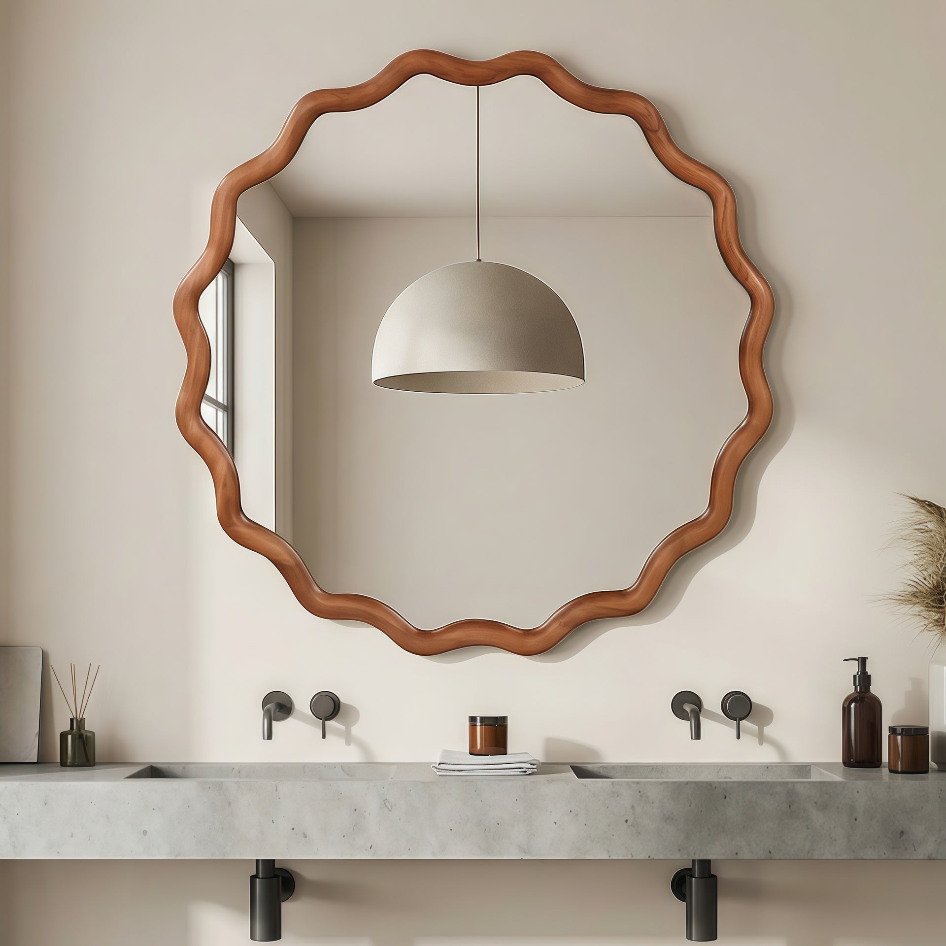 Yellowish Brown 24 inch Wavy Round Solid Wood Frame Decorative Mirror,For Bedroom, Bathroom, Living Room, Entryway