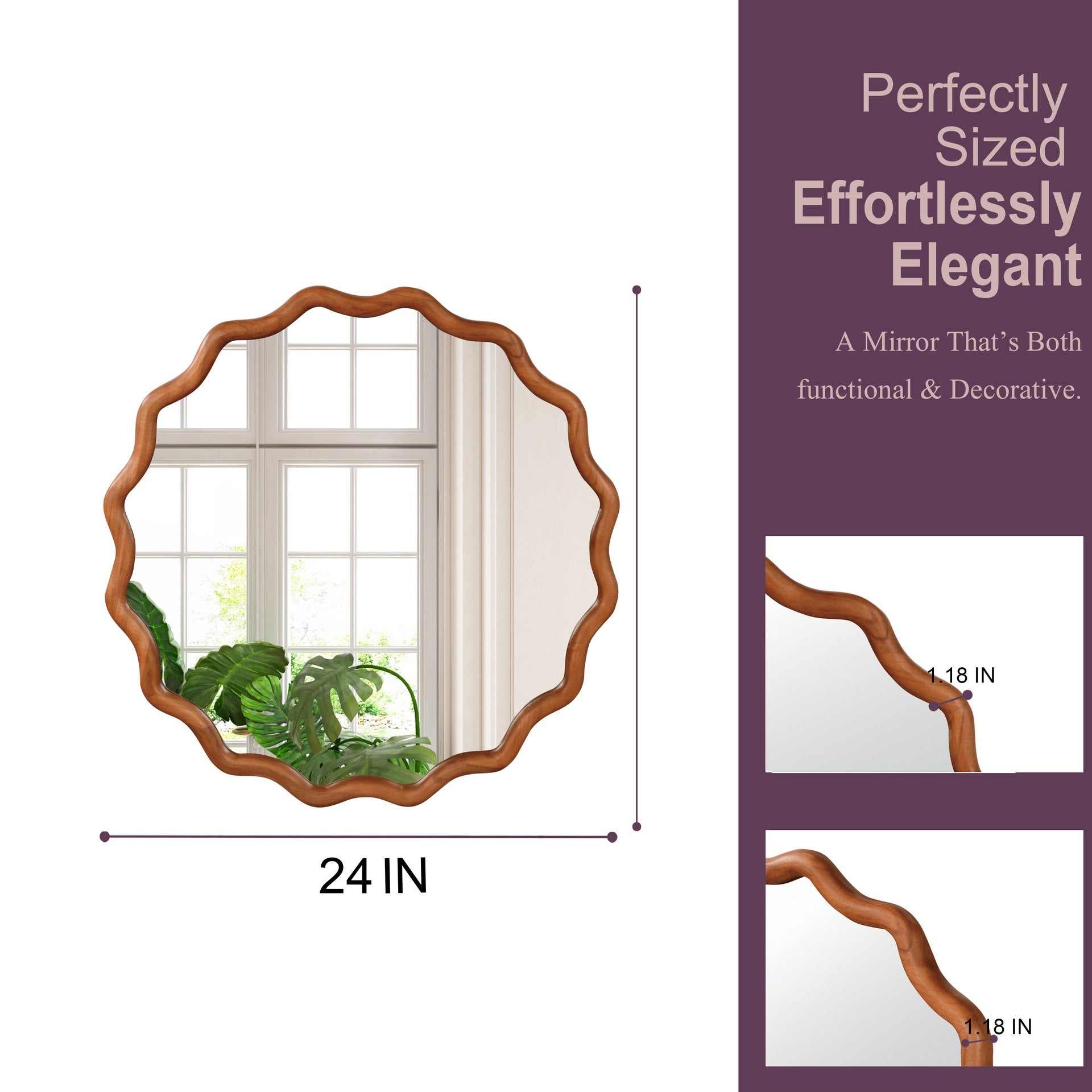 Yellowish Brown 24 inch Wavy Round Solid Wood Frame Decorative Mirror,For Bedroom, Bathroom, Living Room, Entryway