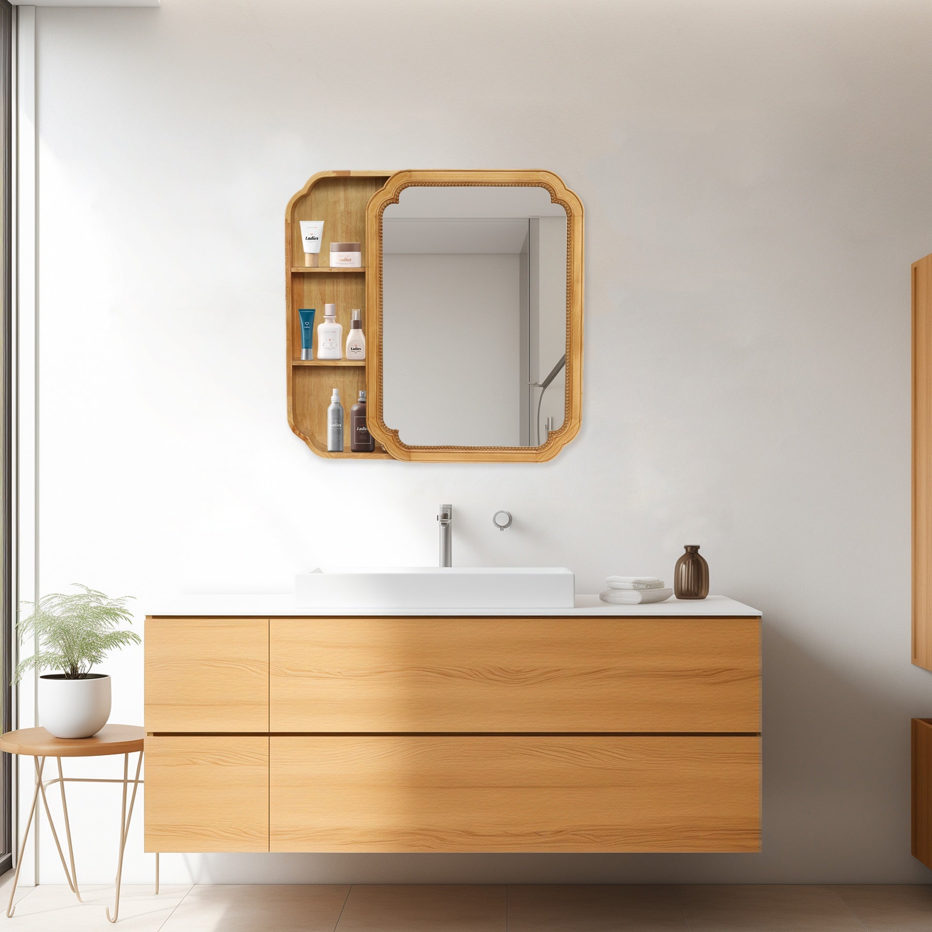 31.5" x 23.82" Wood Framed Wall - Mounted Mirror Cabinet with Storage Shelves, Medicine Mirror for Bathroom, Living Room, Entryway