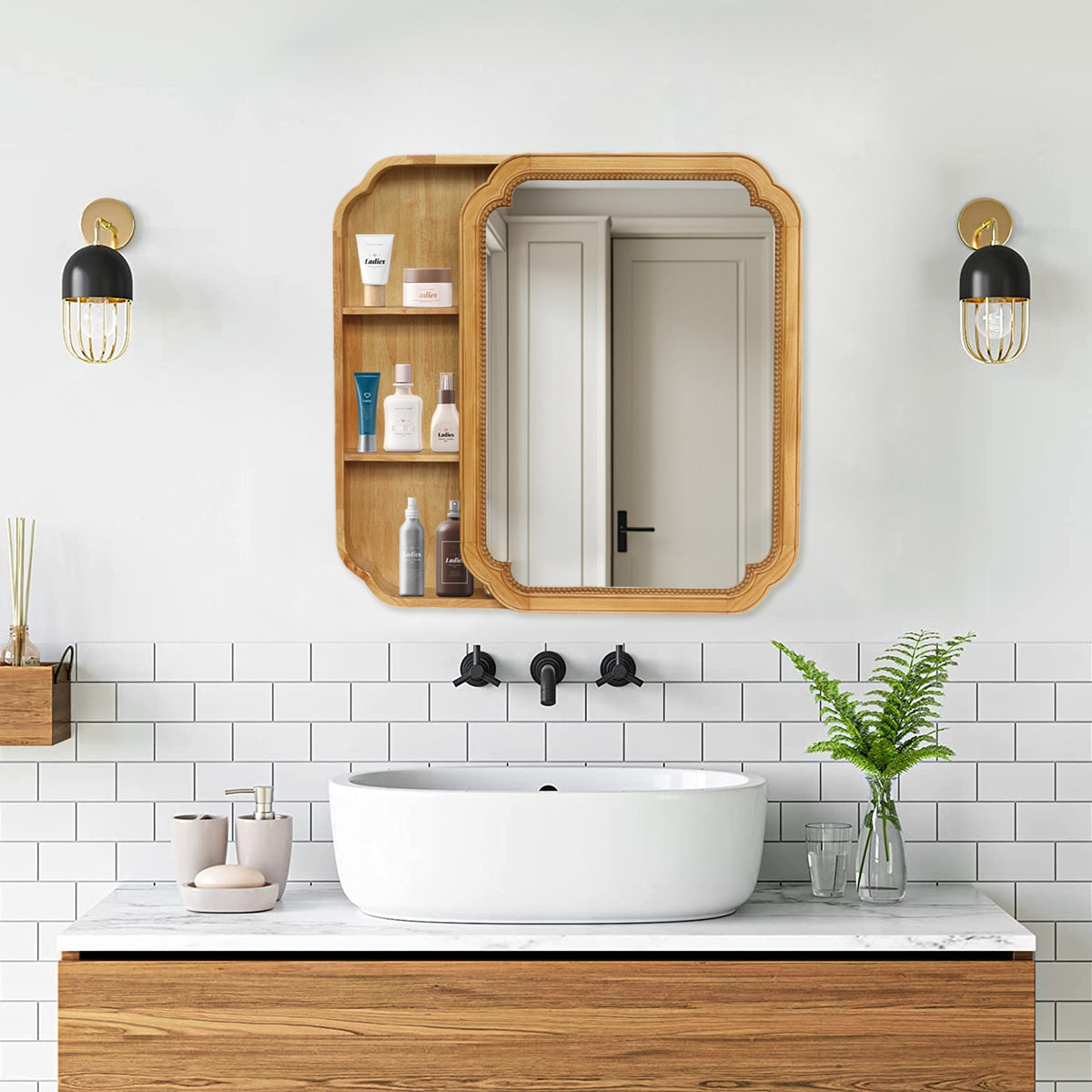 31.5" x 23.82" Wood Framed Wall - Mounted Mirror Cabinet with Storage Shelves, Medicine Mirror for Bathroom, Living Room, Entryway