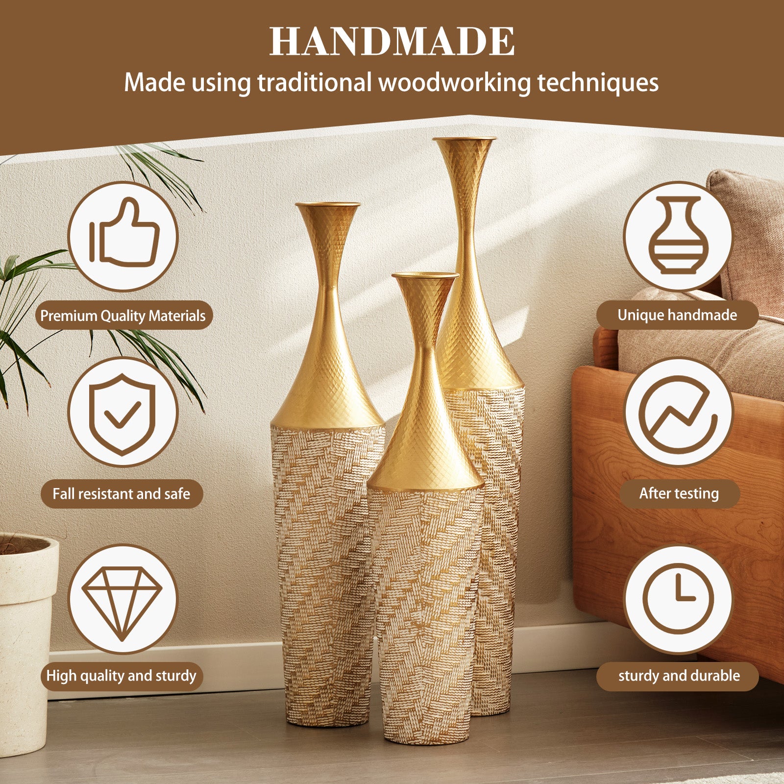 3-Piece Handcrafted Metal Floor Vase Set, Gold & White Textured Tall Vases (27.56"/31.5"/35.43") for Living Room Entryway, Modern Glam Decor for Pampas Grass & Ideal Housewarming/Birthday Gifts