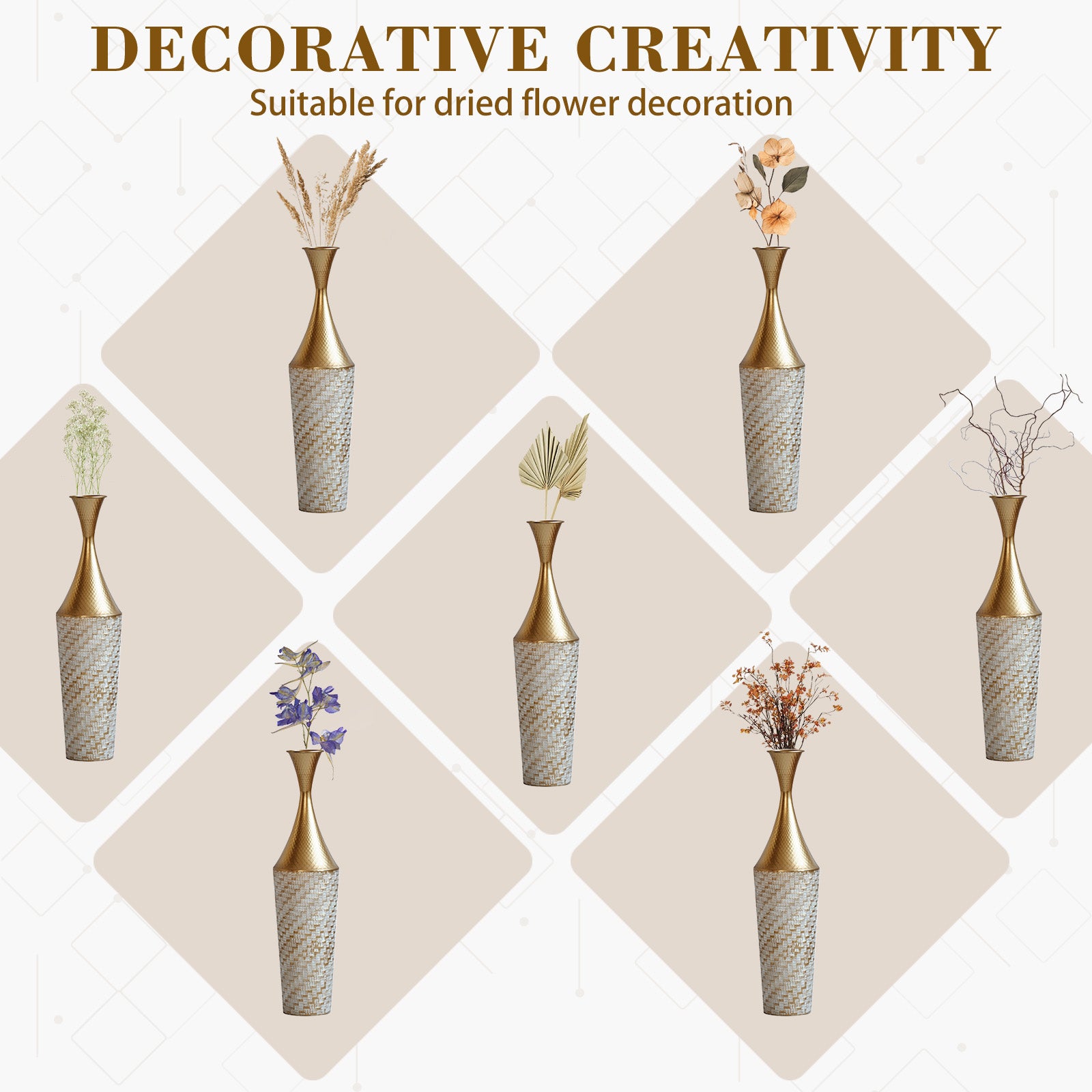 3-Piece Handcrafted Metal Floor Vase Set, Gold & White Textured Tall Vases (27.56"/31.5"/35.43") for Living Room Entryway, Modern Glam Decor for Pampas Grass & Ideal Housewarming/Birthday Gifts