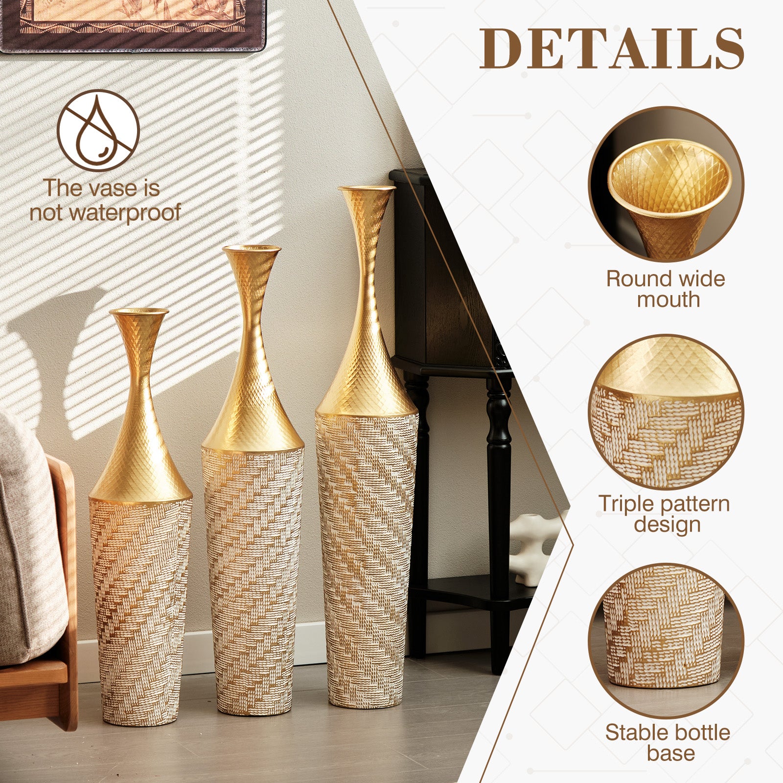 3-Piece Handcrafted Metal Floor Vase Set, Gold & White Textured Tall Vases (27.56"/31.5"/35.43") for Living Room Entryway, Modern Glam Decor for Pampas Grass & Ideal Housewarming/Birthday Gifts
