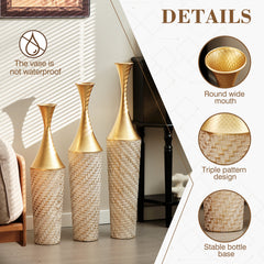 3-Piece Handcrafted Metal Floor Vase Set, Gold & White Textured Tall Vases (27.56"/31.5"/35.43") for Living Room Entryway, Modern Glam Decor for Pampas Grass & Ideal Housewarming/Birthday Gifts