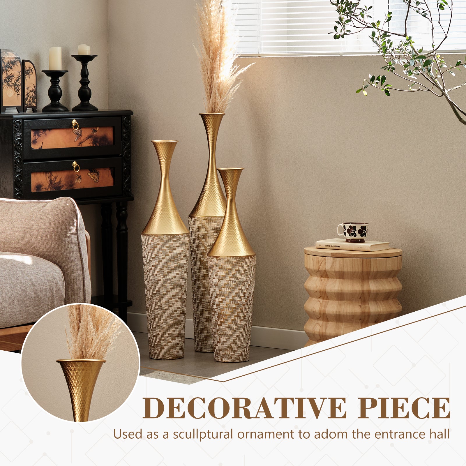 3-Piece Handcrafted Metal Floor Vase Set, Gold & White Textured Tall Vases (27.56"/31.5"/35.43") for Living Room Entryway, Modern Glam Decor for Pampas Grass & Ideal Housewarming/Birthday Gifts