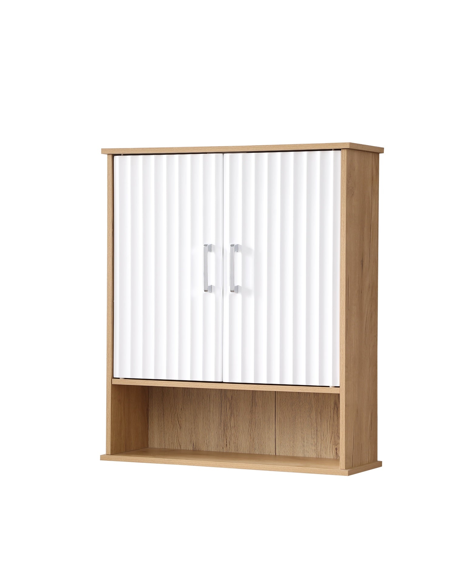 Bathroom Wall Cabinet with Double - Door, Bottom Shelf, Wavy - Patterned Doors, Adjustable Inner Shelf, Easy Installation, White & Natural Wood