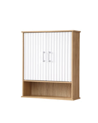 Bathroom Wall Cabinet with Double - Door, Bottom Shelf, Wavy - Patterned Doors, Adjustable Inner Shelf, Easy Installation, White & Natural Wood