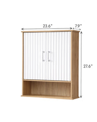 Bathroom Wall Cabinet with Double - Door, Bottom Shelf, Wavy - Patterned Doors, Adjustable Inner Shelf, Easy Installation, White & Natural Wood