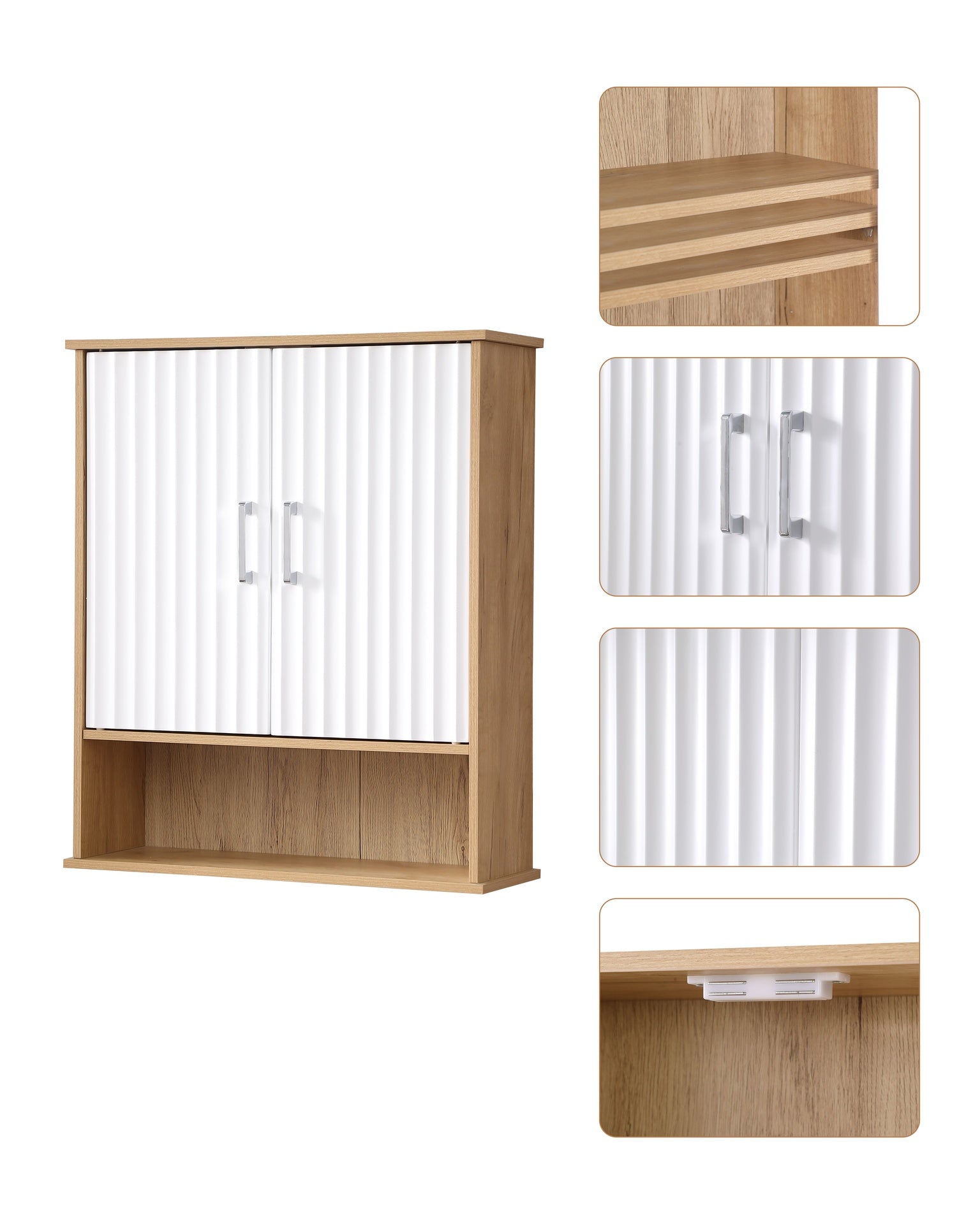 Bathroom Wall Cabinet with Double - Door, Bottom Shelf, Wavy - Patterned Doors, Adjustable Inner Shelf, Easy Installation, White & Natural Wood